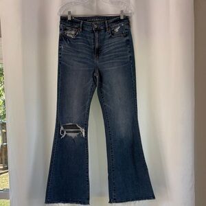 American Eagle Outfitters Women's Distressed Flare Jeans - Dark Blue